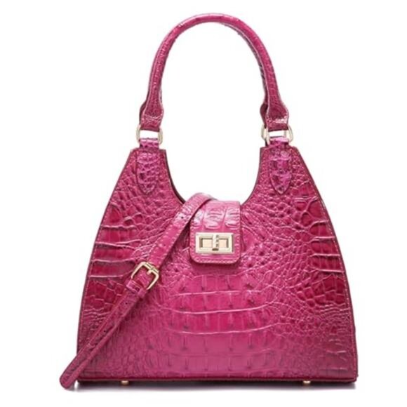 Handbags - Ladies Tote Dark Pink Vegan Leather Bags Crocodile Embossed Zipper Satchel Purse